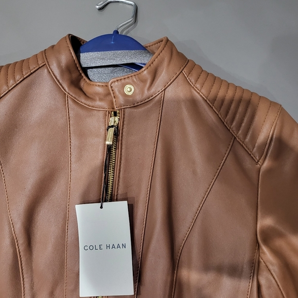 Cole Hann Caramel Brown Leather Moto Jacket Snap Button Neck - Picture 9 of 11